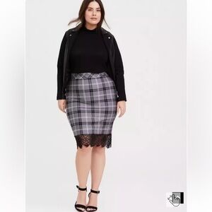 Torrid Mini Studio Luxe Ponte Lace Trim Pencil Skirt Plaid Dark Pearl Gray 2X